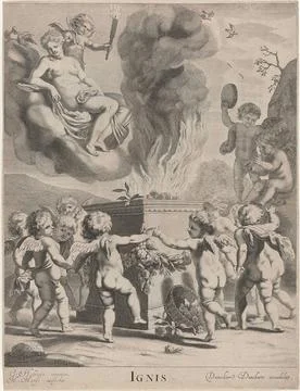 Fire; Ignis; The four elements. Putti dancing hand in hand around a sacrif... Stock Photos
