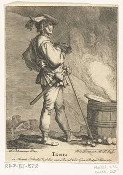 Fire; Ignis; The four elements. A soldier with saber stands in a landscape... Foto stock