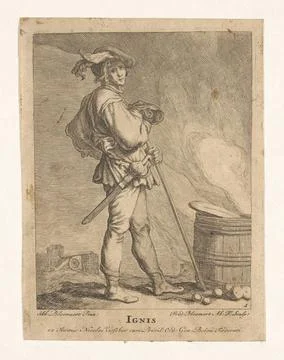 Fire; Ignis; The four elements. A soldier with saber stands in a landscape... Stock Photos