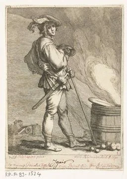 Fire; Ignis; The four elements. A standing soldier with saber in landscape... Foto stock