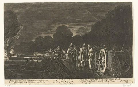 Fire (Ignis); Ignis; The four elements A. Landscape with soldiers firing g... Stock Photos