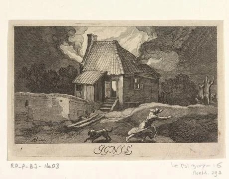 Fire; Ignis; Landscapes with the elements. A house is on fire. A woman and... Stock Photos