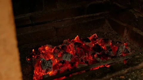 Fire, igniting a fire. Flames in the fireplace, wood for cooking meat. Brick Stock Footage 156599553