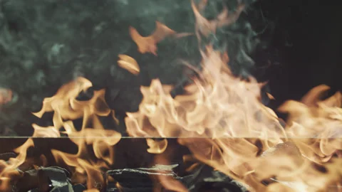 Fire Ignition with Smoke for Cook Barbeque Closeup Stock Footage 156892494