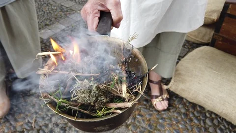 Fire incense burning during Medieval market in Machico, Madeira island Stock Footage 116629458