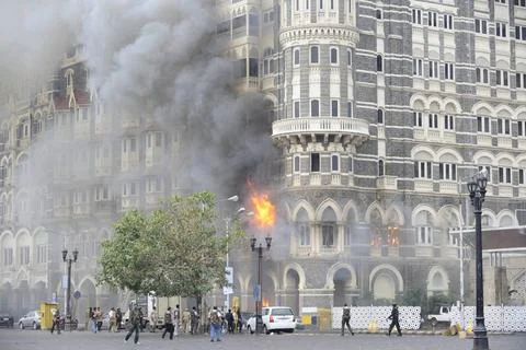 Fire inside the Taj Mahal hotel ; after terrorist attack by Deccan Mujahed... Stock Photos