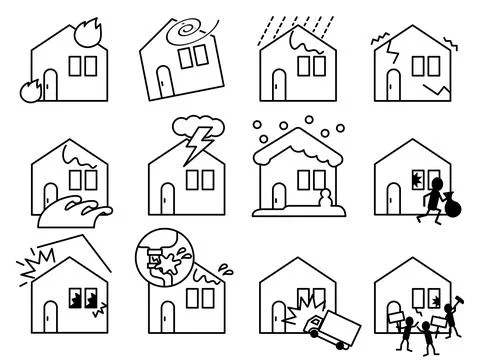 Fire insurance coverage. Various types of housing illustration sets. Stock Illustration