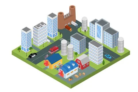 Fire in isometric town concept, vector illustration. House building in flame Ilustración de archivo