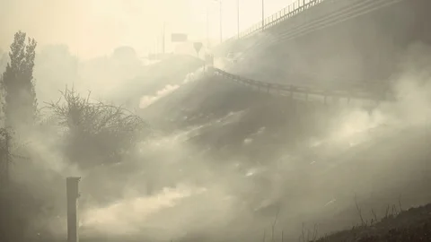 Fire just off: smoke, pollution, devastation Stock Footage 80142736