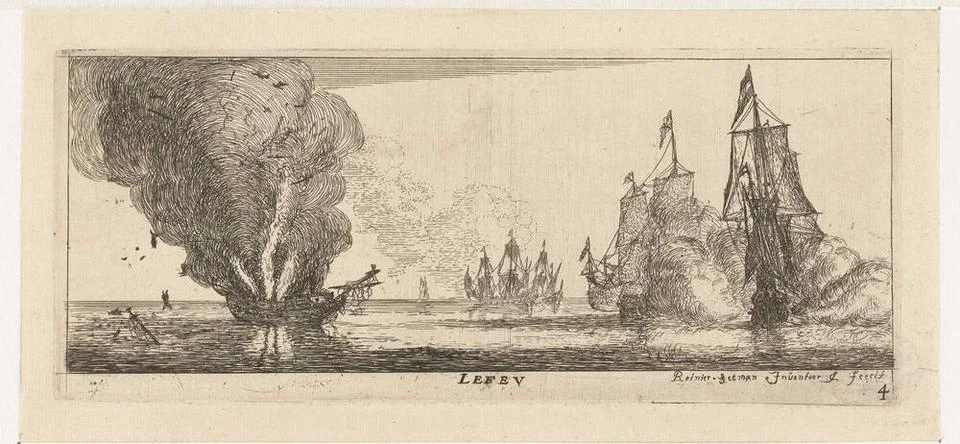 Fire; Le feu; Four elements. Sea battle, a warship fired guns, another shi... Stock Photos