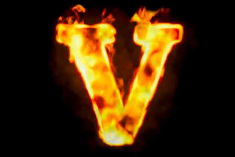 Fire letter V of burning flame light, 3D rendering Illustrazione stock