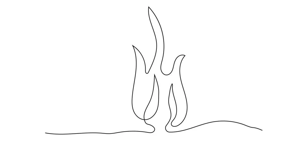 Fire line art continuous, bonfire doodle isolated on white background. Simple Stock Illustration