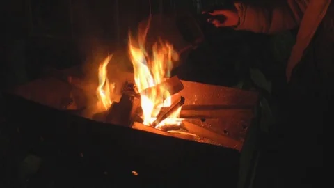 The Fire is Lit in the Grill, Chips and Firewood Stock Footage 73636312