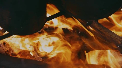 Fire is lit under the small Video stock 91560958