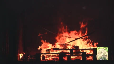 The fire of log and timber in room that burn to big size of fire Stock Footage 156979896
