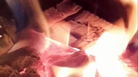 Fire on the logs of a night fire, close-up, in real time Video stock 219348109