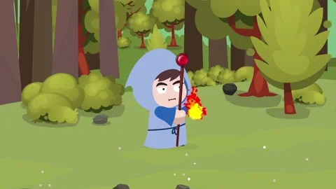 Fire Mage Character casts a Fire Spell in the forest Stock Footage 149421733