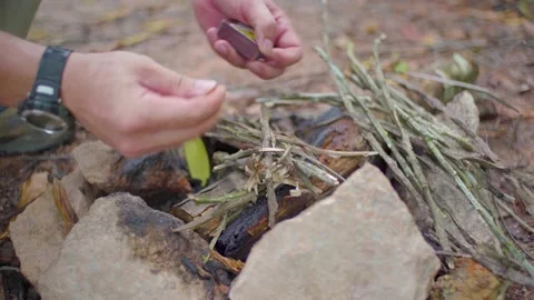 Fire Making with matches in the Woods Stock Footage 157003424