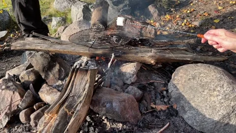 Fire, marshmallows and hand. Stock Footage 256106094