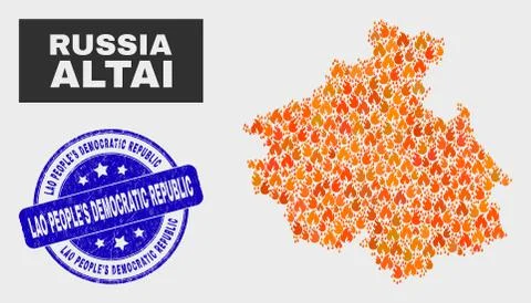 Fire Mosaic Altai Republic Map and Grunge Lao People'S Democratic Republic イラスト素材