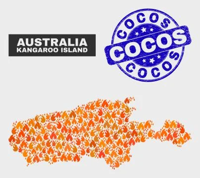 Fire Mosaic Kangaroo Island Map and Scratched Cocos Stamp イラスト素材