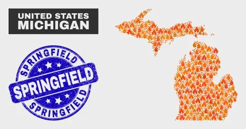 Fire Mosaic Michigan State Map and Grunge Springfield Stamp Illustrazione stock