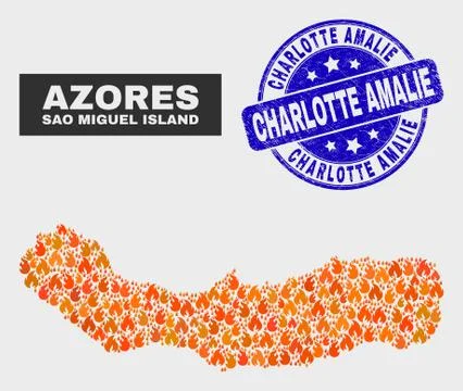 Fire Mosaic Sao Miguel Island Map and Grunge Charlotte Amalie Watermark Stock Illustration