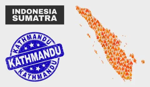 Fire Mosaic Sumatra Map and Grunge Kathmandu Seal イラスト素材