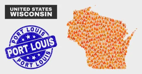 Fire Mosaic Wisconsin State Map and Distress Port Louis Watermark Illustrazione stock