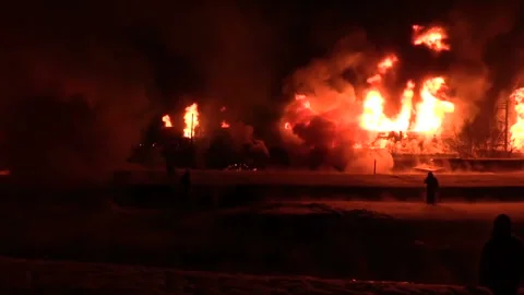 The fire in the night burns a train Stock Footage 90511293