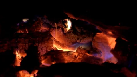 Fire in the Night. The flame of a night bonfire slowly licks firewood Stock Footage 95646588