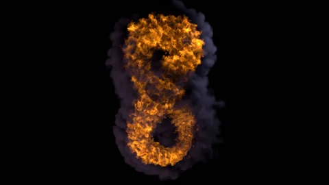 Fire number eight on the black background. 3d rendering plus alpha channels Stock Footage 133589679
