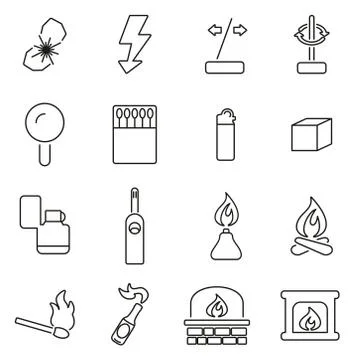 Fire or Fire Making Tools Icons Thin Line Vector Illustration Set Illustrazione stock