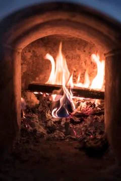 Fire in the oven, view from inside Stock Photos