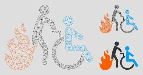 Fire Patient Evacuation Vector Mesh Wire Frame Model and Triangle Mosaic Icon Stock Illustration