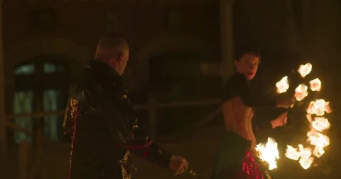 Fire performers, fire show. Slow motion 库存影片 74228166