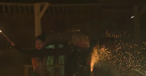 Fire performers, fire show. Slow motion 库存影片 74229897