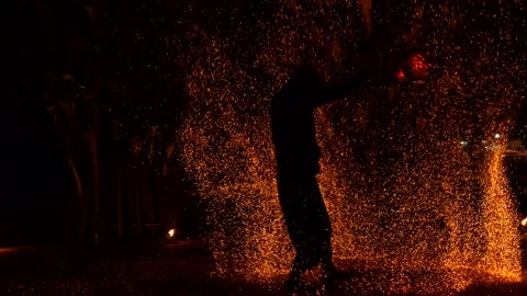 Fire perfromance in slow motion Stock Footage 134420693