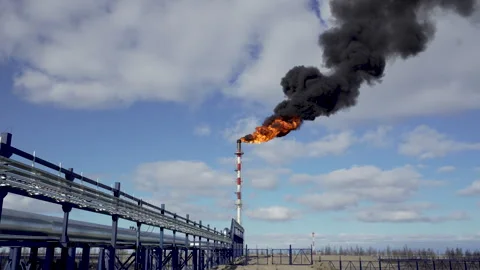 Fire from pipe. Torch. Combustion of associated gas in oil and gas field. Stock Footage 276860290