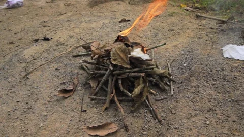 Fire pit and slowly burning thin dry branches and sticks Stock Footage 231742555