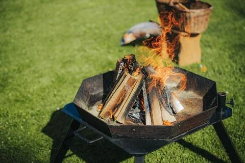 Fire pit with burning logs and flames surrounded by green grass in a backya.. Stock Photos