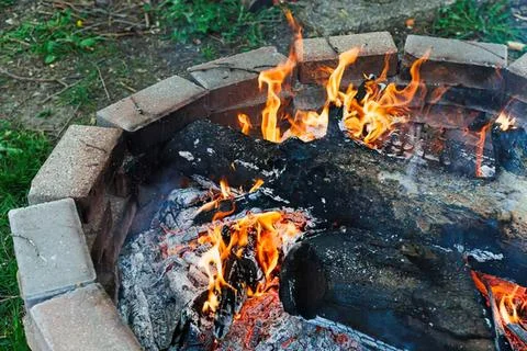 Fire pit with burning logs in a backyard garden setting Stock Photos