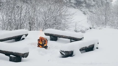 Fire pit burning in winter forest surrounded by four snow covered benches Stock Footage 328410190