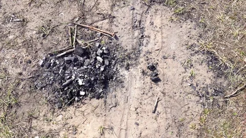 Fire pit in nature, coals on the grass in summer. Copy space for text Stock Footage 307207472