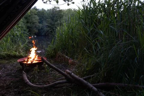Fire pit next to lake with logs 库存照片