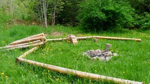 Fire Pit Outside, Camping Fire-pit Wooden Ring Camp Site Location Wood Log Stock Footage 93820183