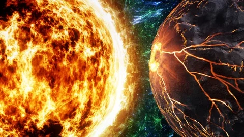 Fire Planet vs Dark Planet Burning Sun Surface Heat Release with Solar Flares Stock Footage 99021983