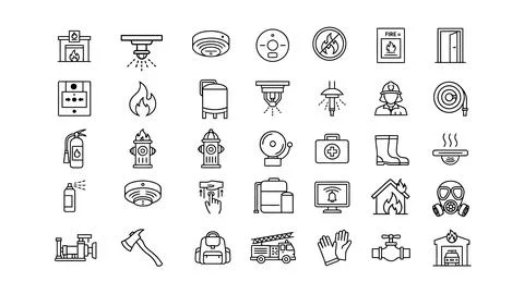 Fire Protection Icon Set, Safety Equipment Symbols for Emergency Stock Illustration