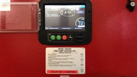 Fire protection system panel, testing for sprinkler pump with full pressure. Video stock 104269689