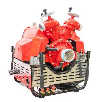 Fire pump on white background, robust industrial design, metallic frame, nozz 库存照片